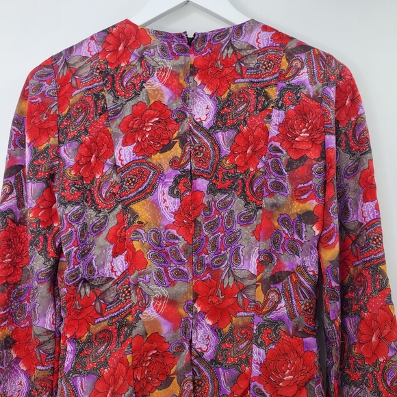 Vintage 80s Maggy Boutique Floral Printed Satin Suit Dress Pearl Buttons - Picture 6 of 9